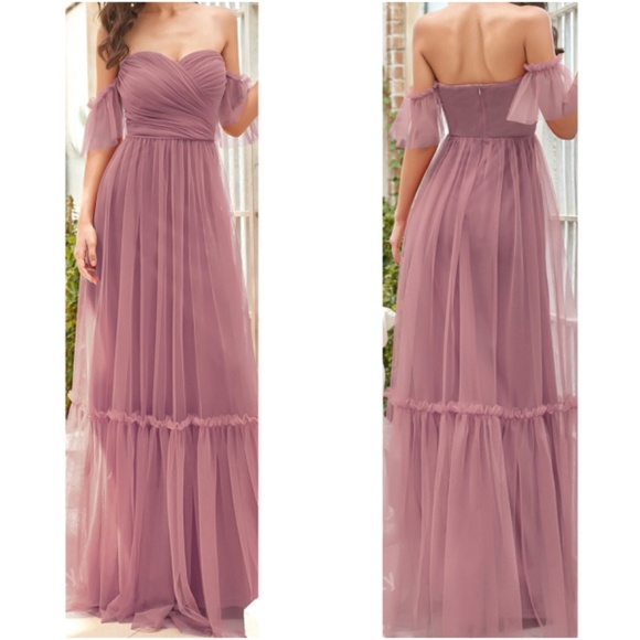 Luxe Mesh Off Shoulder Bridal Prom Formal Maxi Dress - Picture 10 of 11